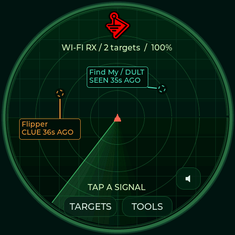 Actual M5Stack display render: BWM1 logo, animated green radar and labeled signal dots